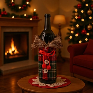 Christmas wine bottle cover with red green plaid, faux fur collar and bow decoration