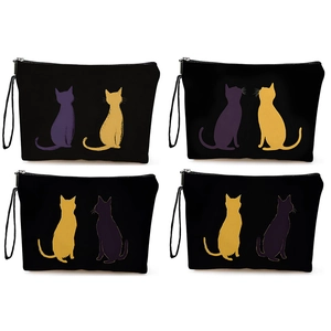 Cute Cat Silhouette Print Cosmetic Bag Canvas Polyester Zipper Makeup Pouch Travel Toiletry Organizer Stationery Case
