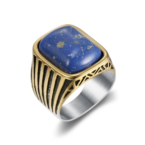 Men's rectangular blue lapis stone ring with gold plated stainless steel band