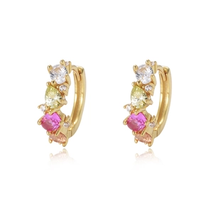 S925 sterling silver huggie earrings with colorful cubic zirconia in 18K gold finish