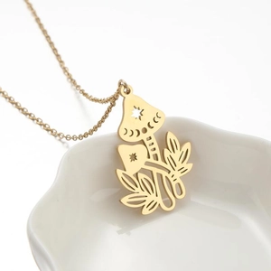 Stainless Steel Mushroom Pendant Necklace Hollow Celestial Star Moon Leaf Forest Style Minimalist Jewelry For Women