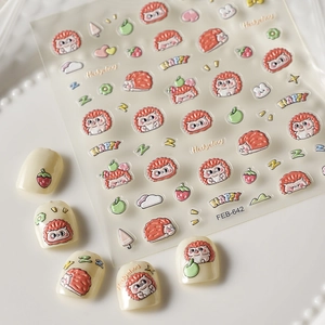 Detail of FEB-642 waterproof nail art stickers featuring cute cartoon hedgehog patterns