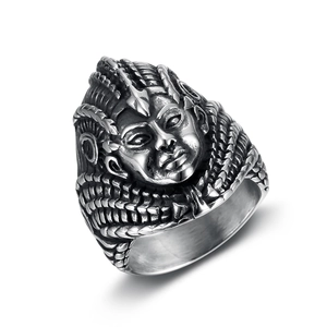 Vintage Egyptian Pharaoh embossed stainless steel ring with antique silver finish