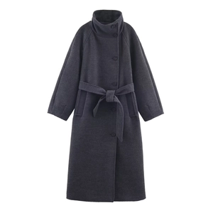 Deep grey long wool coat with high stand collar and matching waist belt, flat lay view