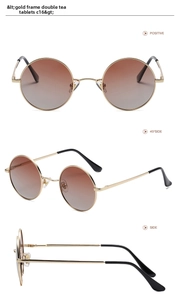 Three-view detail of retro round sunglasses with gold frames and brown gradient lenses