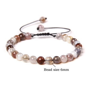 Handmade 6mm natural agate bead bracelet with brown striped stones and woven cord
