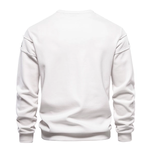 Detailed back view of white long-sleeve sweatshirt with ribbed cuffs and hem