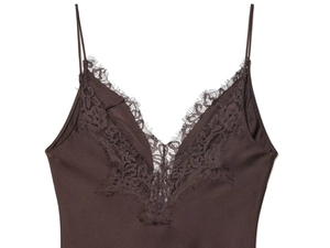 Detailed close-up of delicate lace embroidery on V-neck chocolate silk camisole top