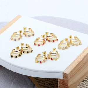 Three-layer C-shaped gold plated ear cuffs featuring colorful sparkling cubic zirconia