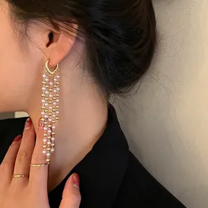 Elegant Long Tassel Earrings Alloy Gold Metal Beads White Imitation Artificial Pearl Dangle Jewelry For Women Korean Style Vintage