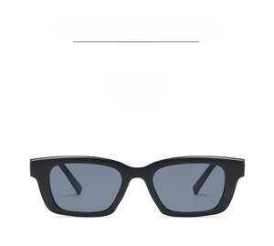 Detail view of stylish rectangle sunglasses featuring black frames and grey lenses