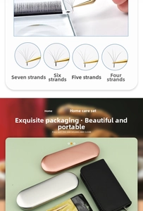 Detail view of multi-cluster eyelash blooming sizes and a portable grooming kit