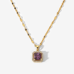 Collana in acciaio inossidabile placcato oro 18k con zircone viola e micro-pave bianco