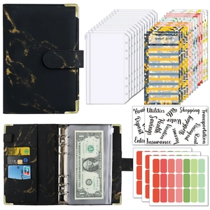A6 black marble PU leather budget binder set with clear zipper pouches and stickers