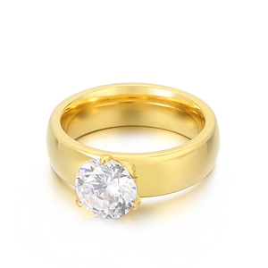 Golden titanium steel ring with 6mm round white zircon in classic prong setting