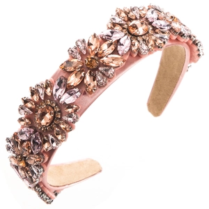 Detail of pink silk headband featuring luxury crystal floral patterns and rhinestones