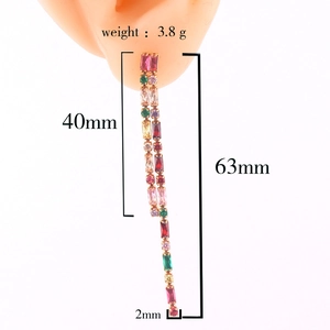 Rose gold tassel earrings with colorful zircons, measuring 40mm and 63mm in length