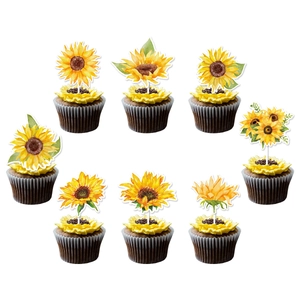 Detailed view of eight different sunflower cupcake toppers on white background