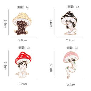 Detailed view of four mushroom girl enamel pins with precise dimensions and weights