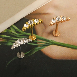Three-piece stainless steel labret set with cubic zirconia in gold silver and rose gold
