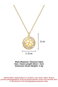 Detailed view of titanium steel clover necklace with shell inlay and 45cm gold chain