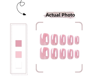 Detailed view of ten glossy light pink short square-round press on false nails on white