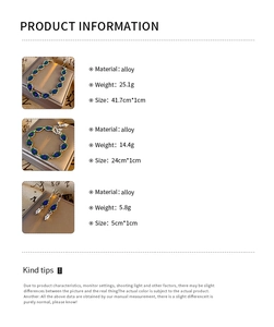 Detailed view of silver alloy lotus jewelry set with deep blue enamel inlay and dimensions
