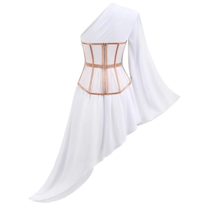 Detail des weißen asymmetrischen Schiffonkleids mit braunem Korsett-Gürtel und Reißverschluss