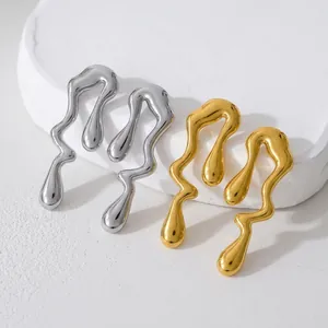 Minimalist irregular liquid water drop earrings in polished gold and silver metal finishes