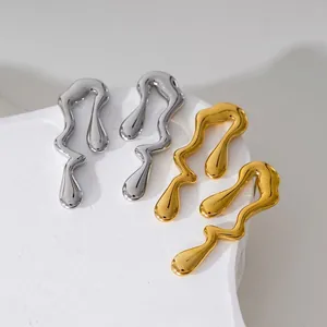 Minimalist irregular liquid water drop earrings in polished gold and silver metal finishes