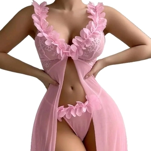 Pink lace and mesh two-piece lingerie set with 3D floral accents and open front