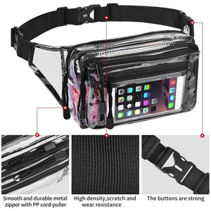 Clear PVC fanny pack with black strap and multiple zipper compartments for travel and sport
