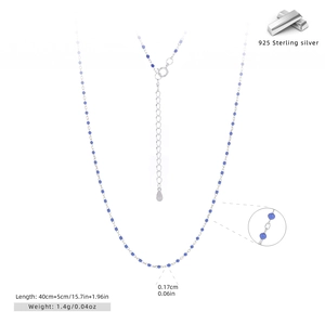Detail view of S925 sterling silver chain with blue beads including size and weight specs