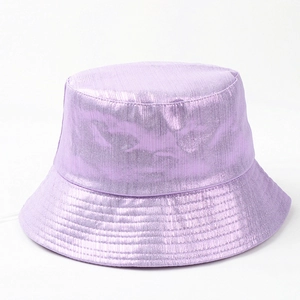 Detailed close-up of metallic purple bucket hat showing glossy texture and vertical stripes