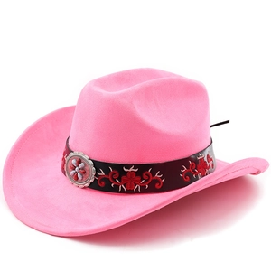 Detail of pink faux suede cowboy hat featuring embroidered floral band and silver concho