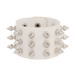 Detailed macro of white leather punk bracelet with triple rows of silver metal spikes