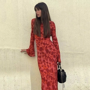 Bohemian see-through maxi dress with red floral print and long bell sleeves for women
