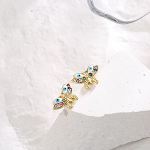 18K gold plated butterfly stud earrings with colorful zircon and enamel evil eye design