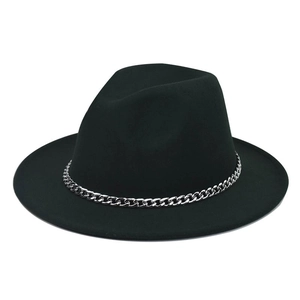 Close-up of black wool fedora hat featuring a chunky silver metal chain band detail