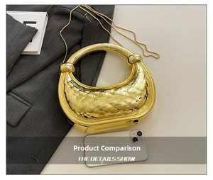 Golden quilted metal handbag with chain strap shown beside a phone for size comparison