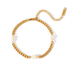 Gold stainless steel chain bracelet featuring three natural pearls with lobster clasp