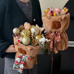 Christmas plush bear gift basket with knitted scarf and velvet roses floral packaging
