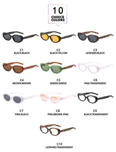 Detailed grid showing ten color variations of retro oval sunglasses from C1 to C10
