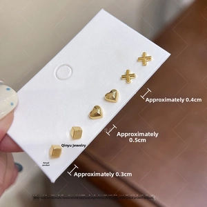 Detailed size guide for gold heart, cross, and square stud earring set with dimensions
