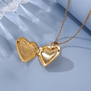 Golden stainless steel heart locket necklace with butterfly floral engraving and photo frame