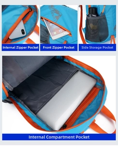 Detail view of blue folding backpack featuring interior compartments for laptop storage