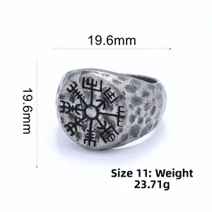 Detailed view of Viking compass ring with size 11 specifications and hammered texture