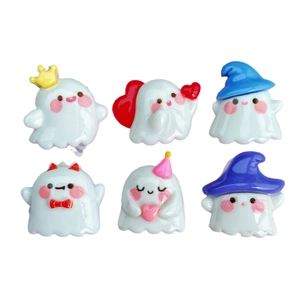 Set of 6 glossy white resin ghost charms with colorful party accessories for DIY crafts