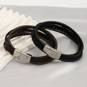 Herren Mehrlagiges Geflochtenes Lederarmband Mit Edelstahl Magnetverschluss Punk Vintage Stil Modisches Armband