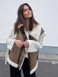 Women Faux Suede Shearling Waistcoat Vest Fur Fleece Moto Style Sleeveless Jacket Outerwear Y2K Streetwear